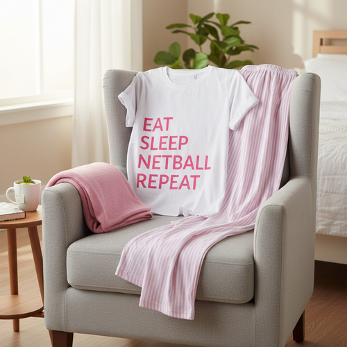 Eat, Sleep, Netball, Repeat Ladies Long PJ's Pink/White