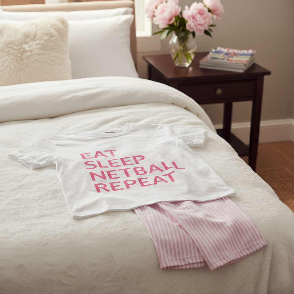 Eat, Sleep, Netball, Repeat Ladies Long PJ's Pink/White