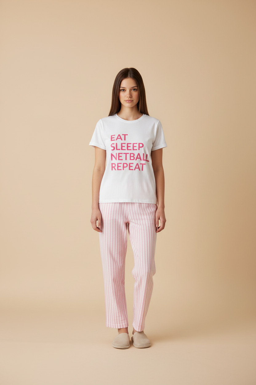 Eat, Sleep, Netball, Repeat Ladies Long PJ's Pink/White