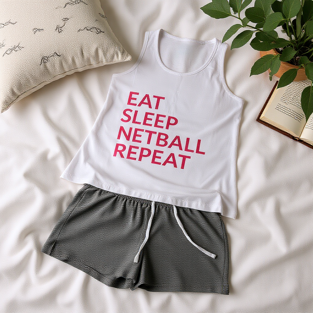 Eat, Sleep, Netball, Repeat Ladies Short PJ's in a Bag White/Grey