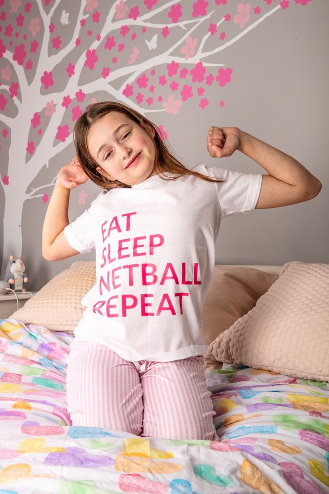 Eat, Sleep, Netball, Repeat Kids Long PJ's Pink/White