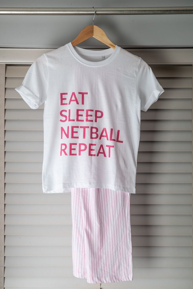 Eat, Sleep, Netball, Repeat Kids Long PJ's Pink/White