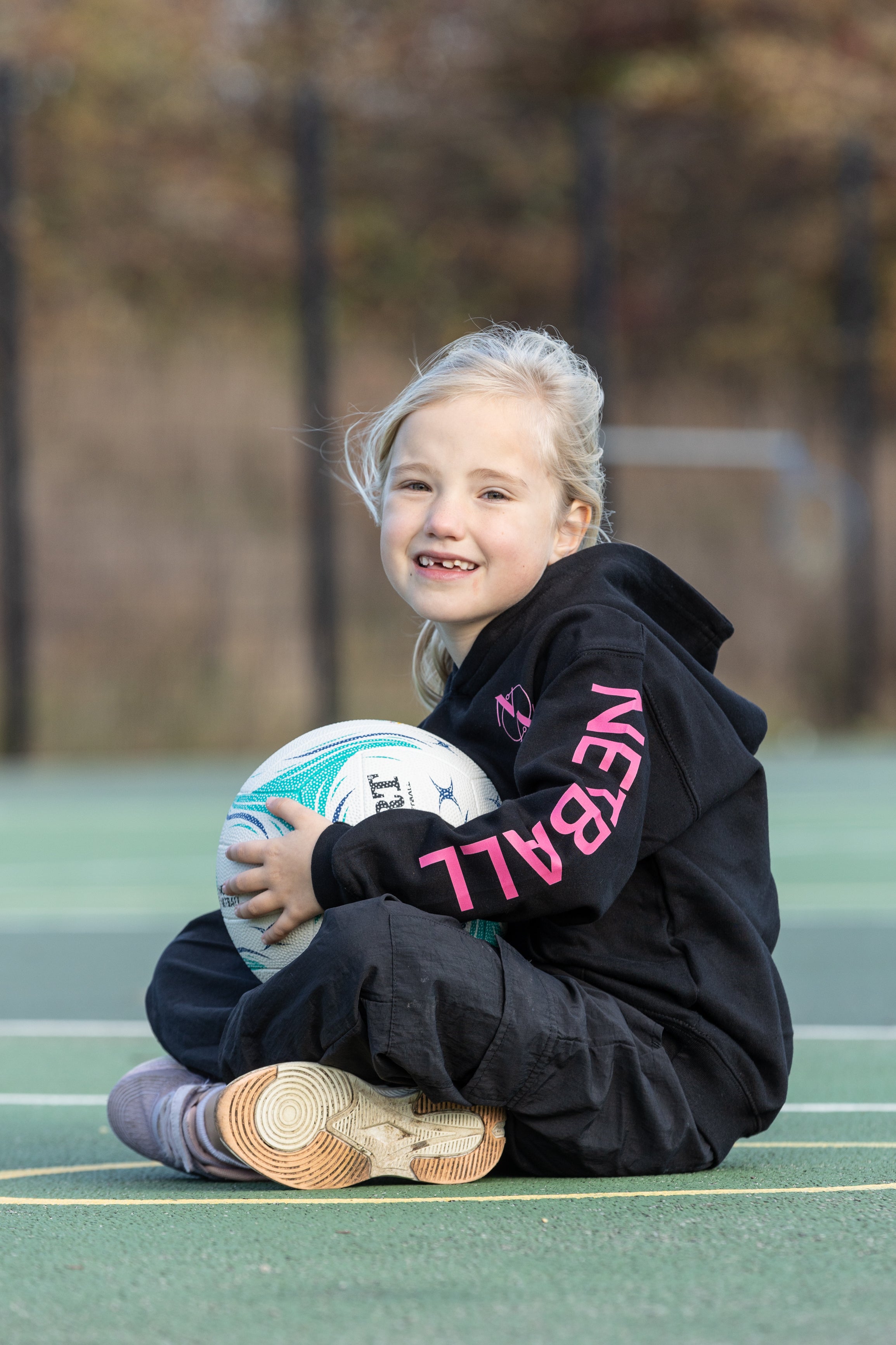 Kids 'Netball' Hoodie, Black & Pink