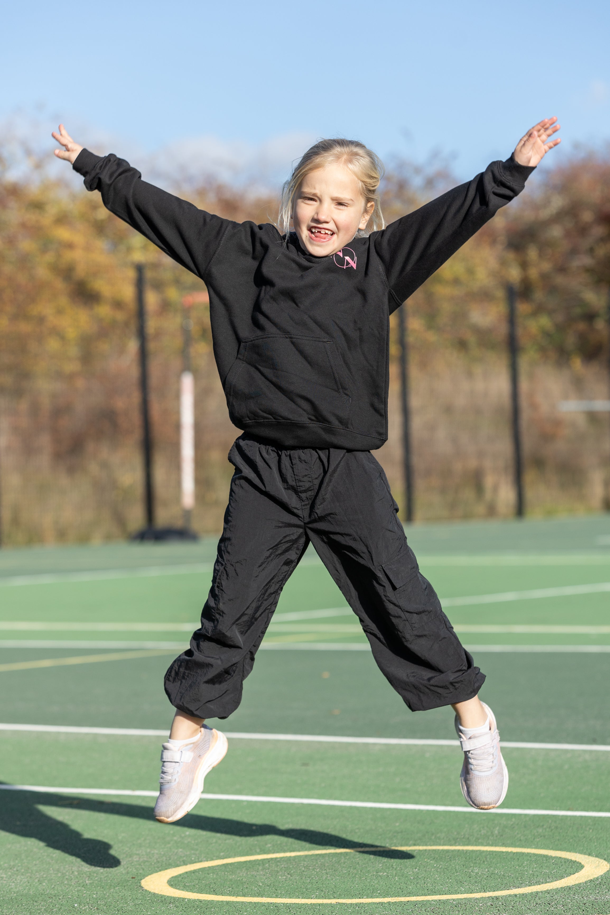 Kids 'Netball' Hoodie, Black & Pink