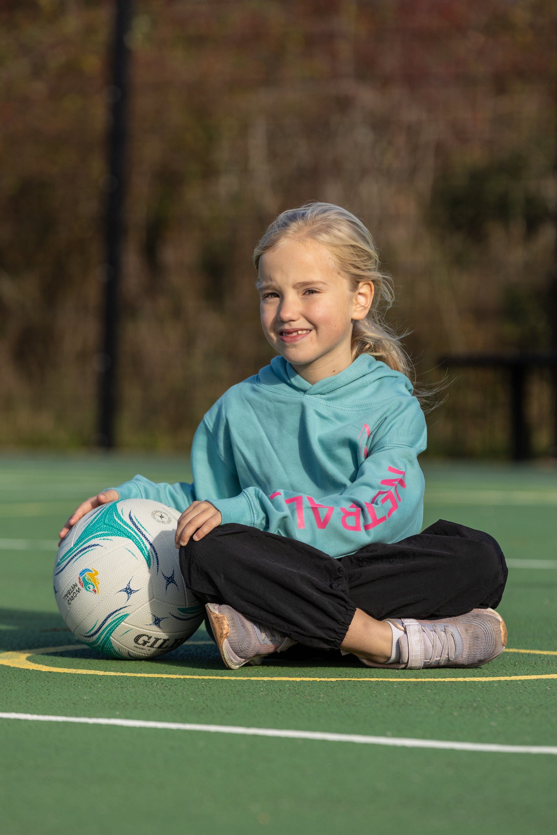 Kids 'Netball' Hoodie, Blue & Pink