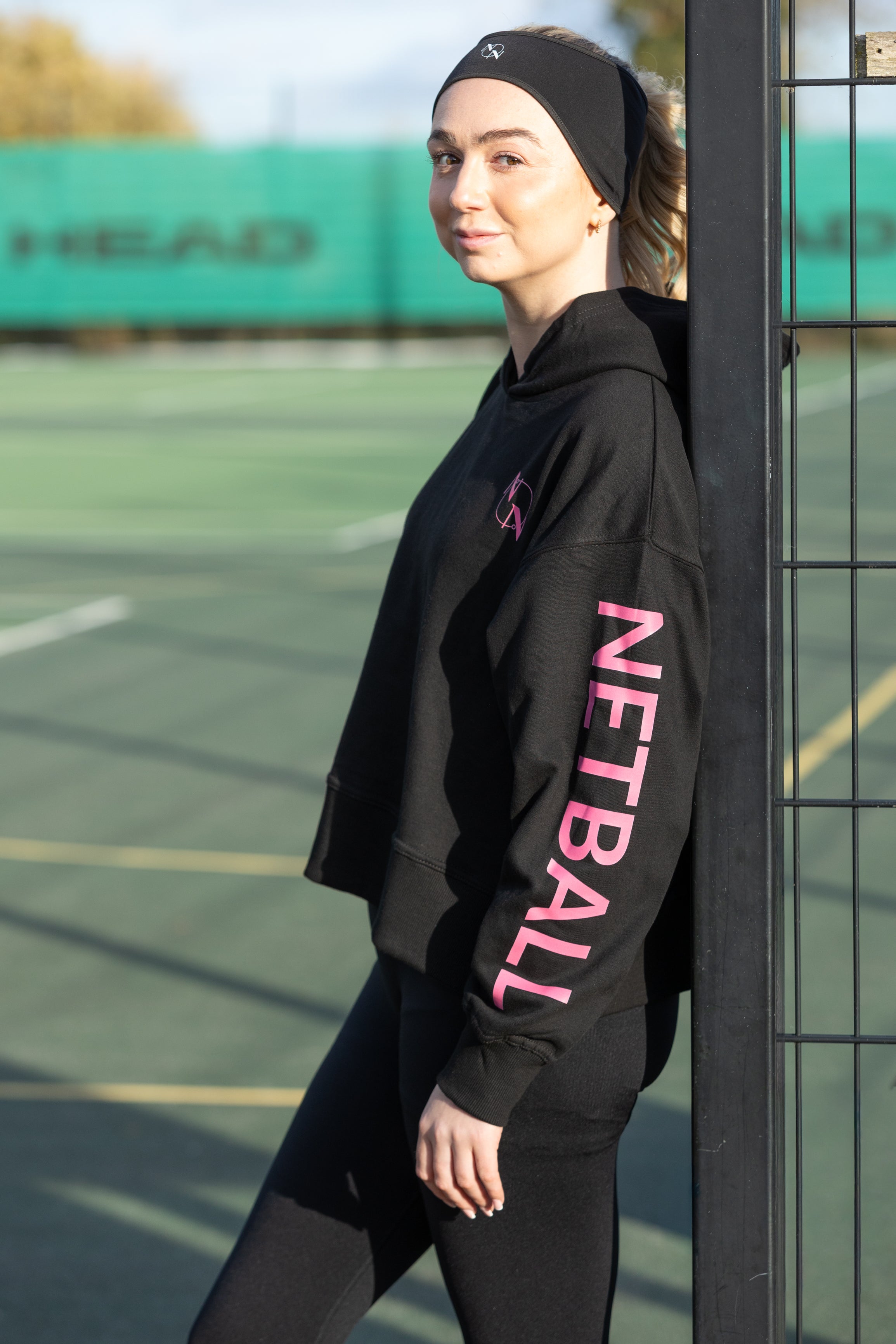 Ladies 'Netball' Arm Relaxed Hoodie Black & Pink
