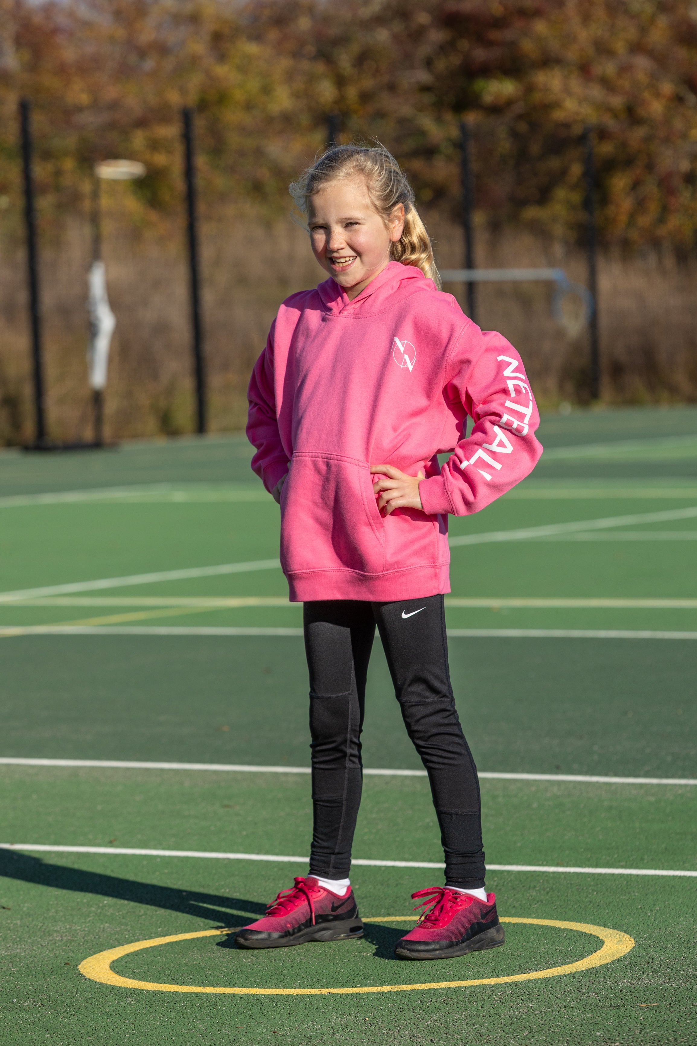 Kids 'Netball' Hoodie, Pink & White