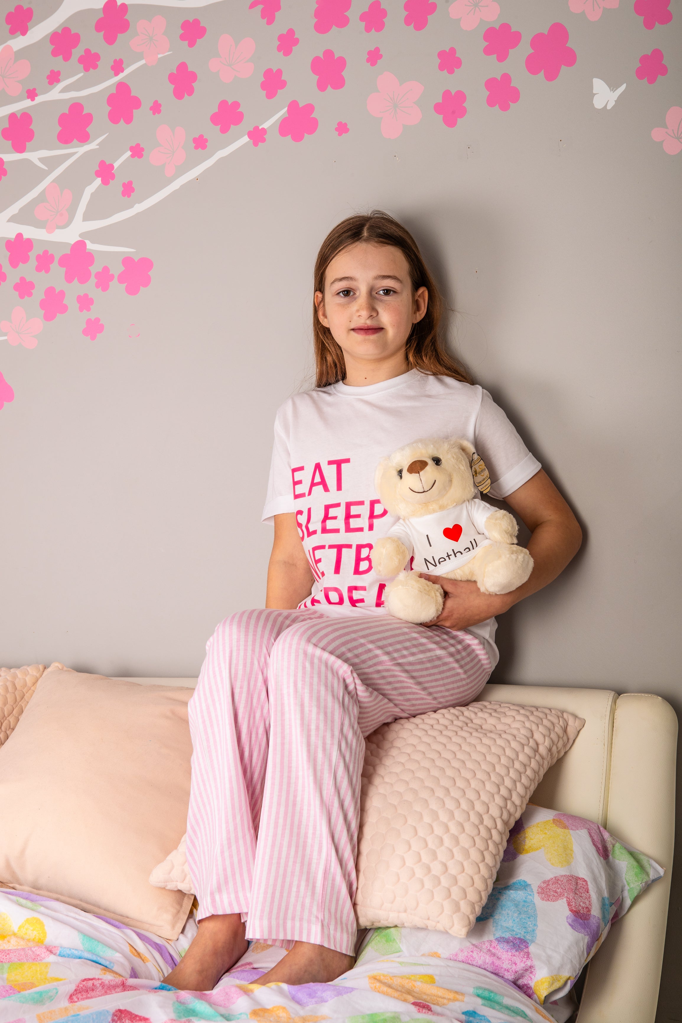 Eat, Sleep, Netball, Repeat Kids Long PJ's Pink/White