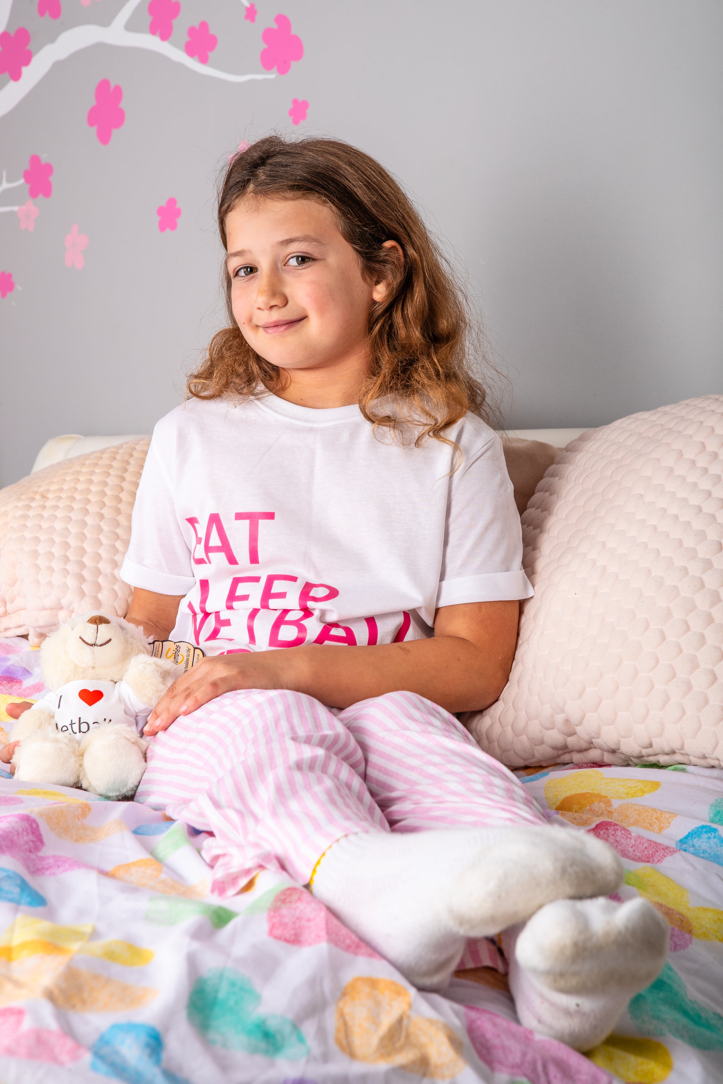 Eat, Sleep, Netball, Repeat Kids Long PJ's Pink/White